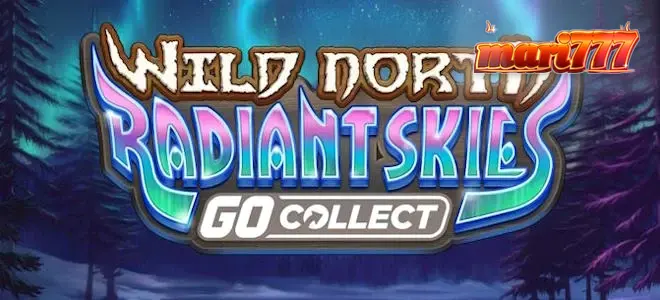 Pemandangan atmosferik hutan bersalju dengan cahaya utara di latar belakang dalam slot Wild North Radiant Skies GO Collect.